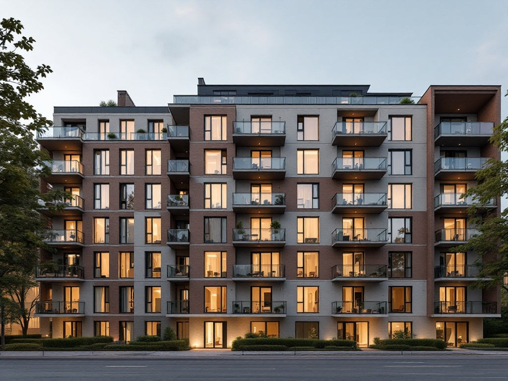 Flerbostadshus i Stockholm med balkonger i kvällsljus