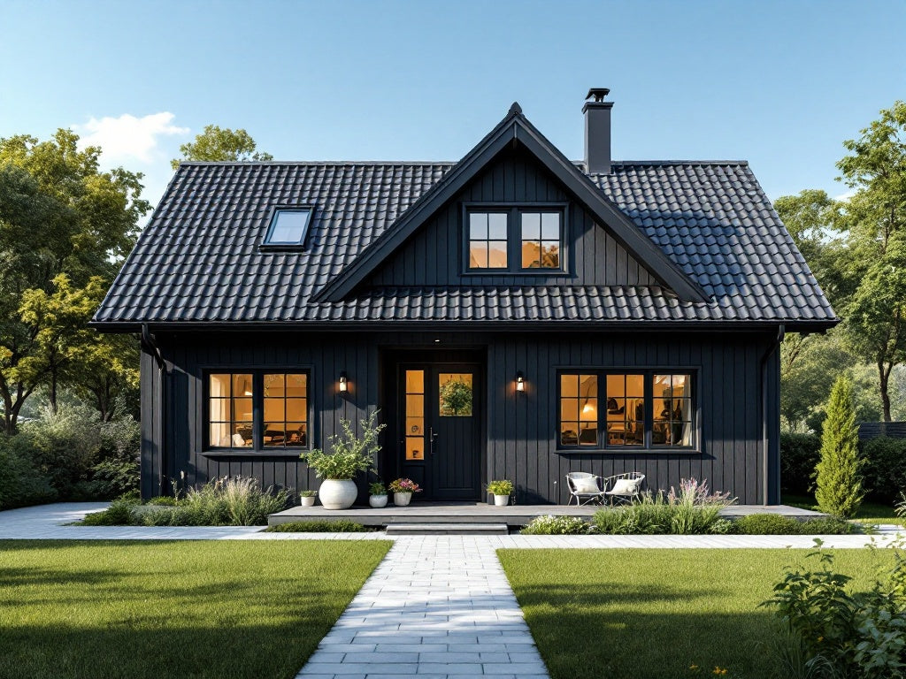 Svart trävilla i Stockholm med varmt ljus i fönstren